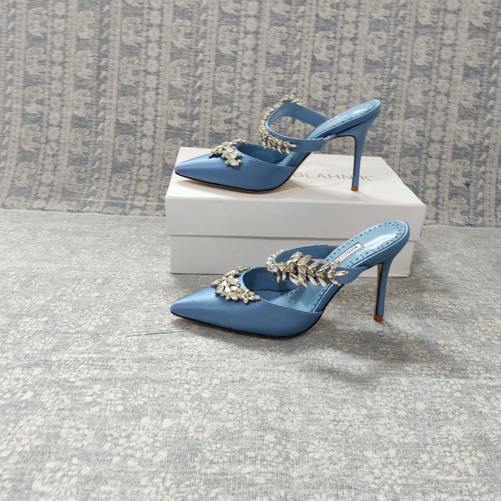 Manolo Blahnik Light Blue Satin Pointed-Toe Jeweled Mules - Picture 7 of 13